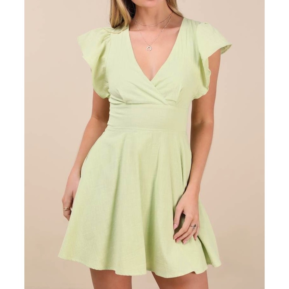 NWT Lulus Sweeten Me Up Lime Green Flutter Sleeve Mini‎ Dress With Pockets XXS